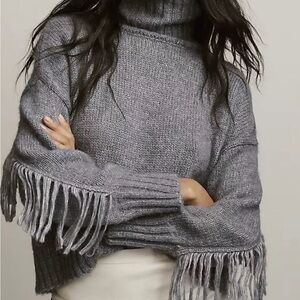 Anthropologie Blue Fringe Turtleneck Sweater